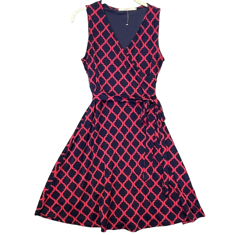 41 Hawthorn Womens Navy Pink A-Line Faux‎ Wrap Sleeveless Dress Stretchy Medium